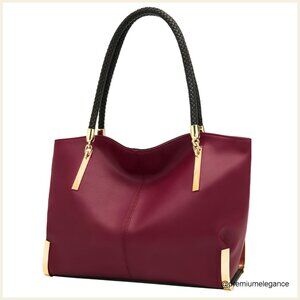 Large Leather Tote Bag with Gold Hardware, Multiple Pockets, Minimalist Design